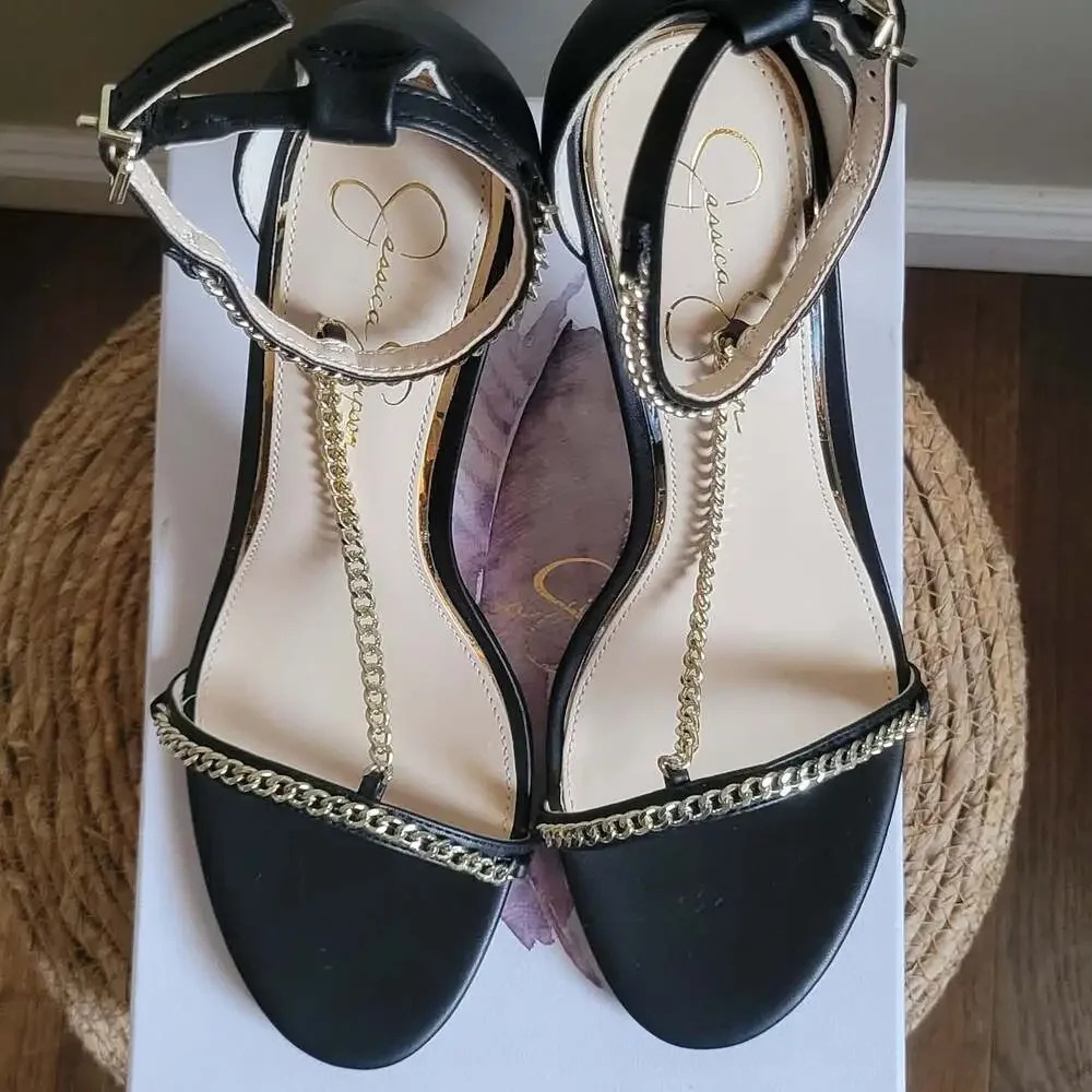 Jessica Simpson Qiven Chain T-Strap Dress Sandals,Black/Gold,9.5 - Picture 13 of 16